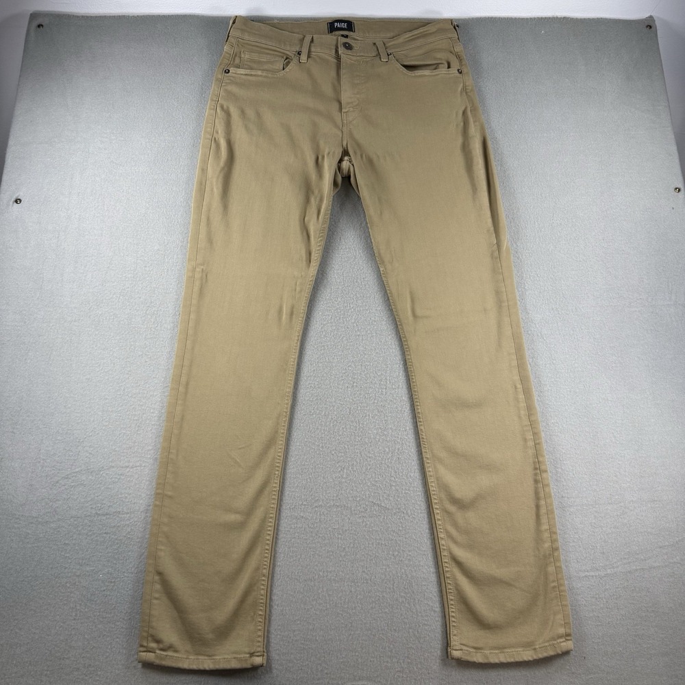 Paige Federal Mens 34 Slim Straight Leg Pants Khaki Transcend Stretch Made USA